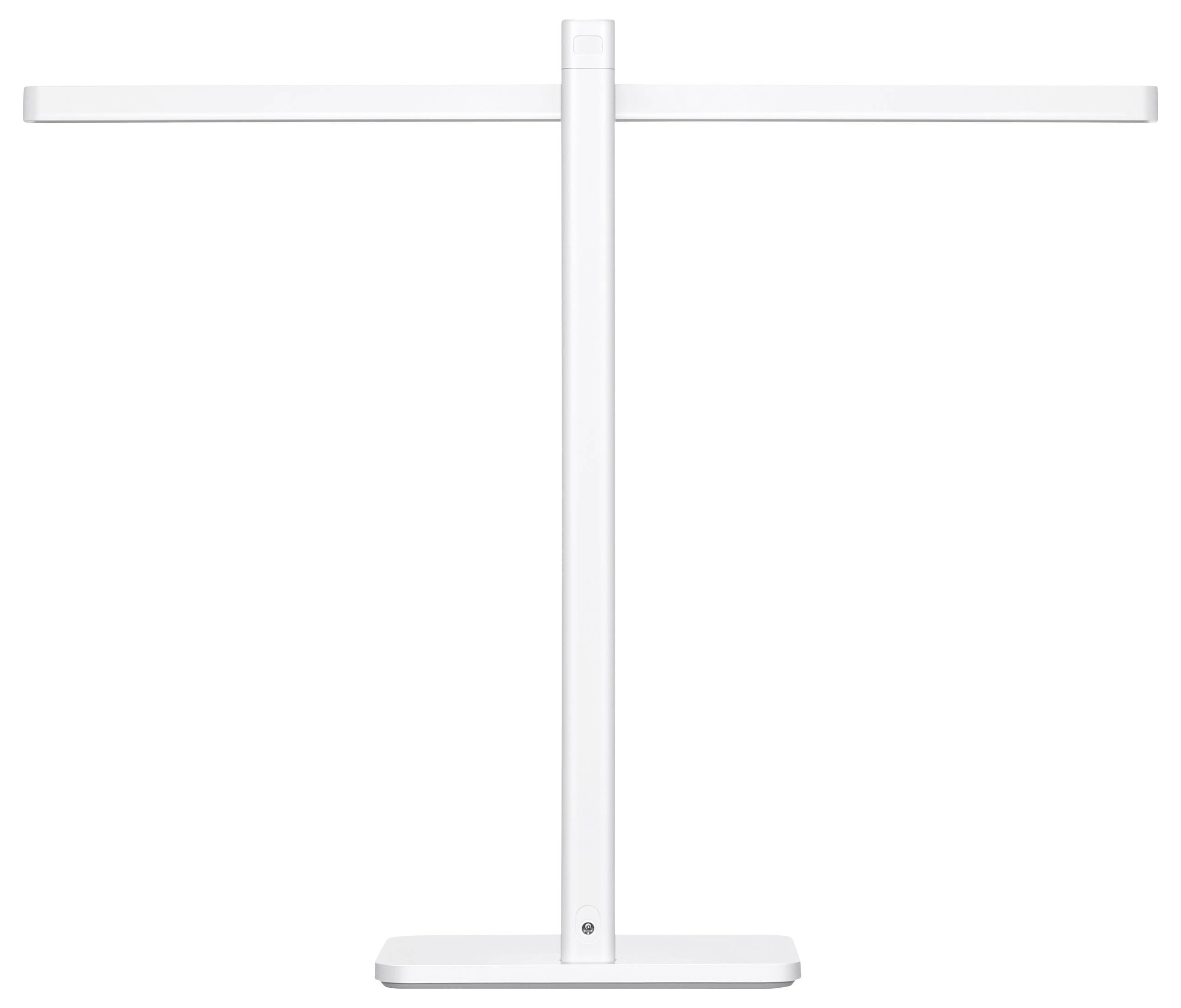 Una lampada da tavolo bianca e minimalista a forma di T, con un braccio orizzontale dritto e una base stabile.