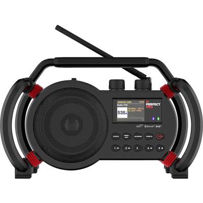 Una radio portatile e robusta con un altoparlante grande al centro, manopole di regolazione in alto e un display digitale a destra, in grado di ricevere stazioni radiofoniche.