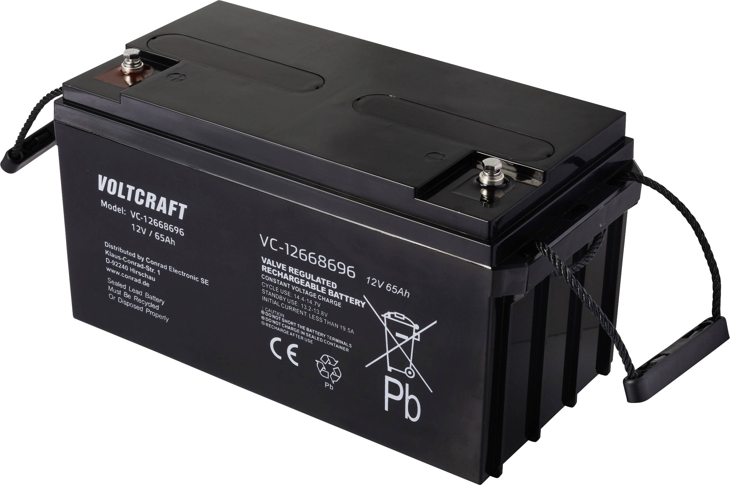 Batteria auto nera del marchio Voltcraft con stampa 'VC-126585G', 12V 65Ah. Terminali di collegamento superiori, poli rosso e nero.