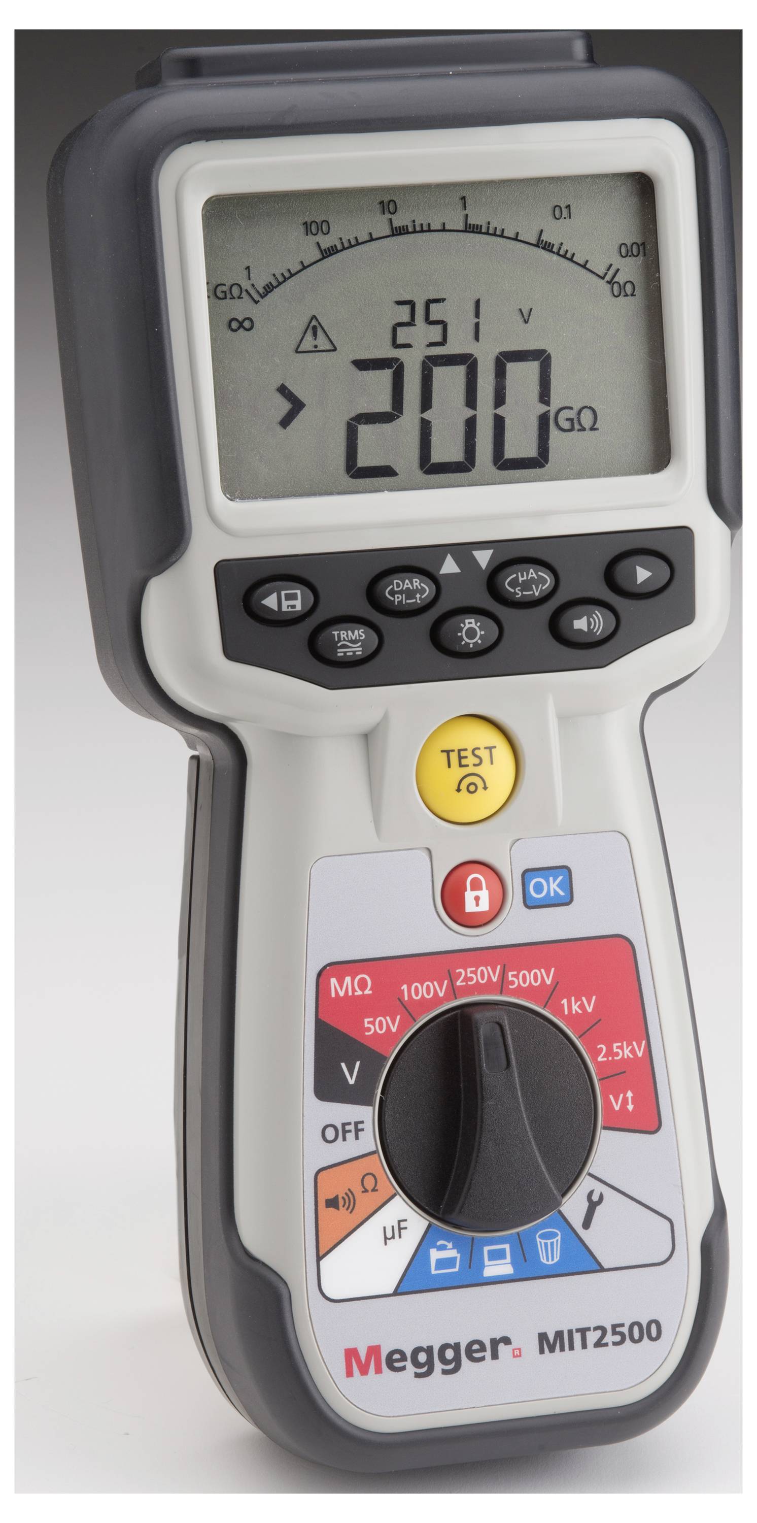 Dispositivo digitale per la misurazione dell'isolamento con display che indica '251 200 GΩ'. Pulsanti per test, regolazione della tensione e spegnimento.