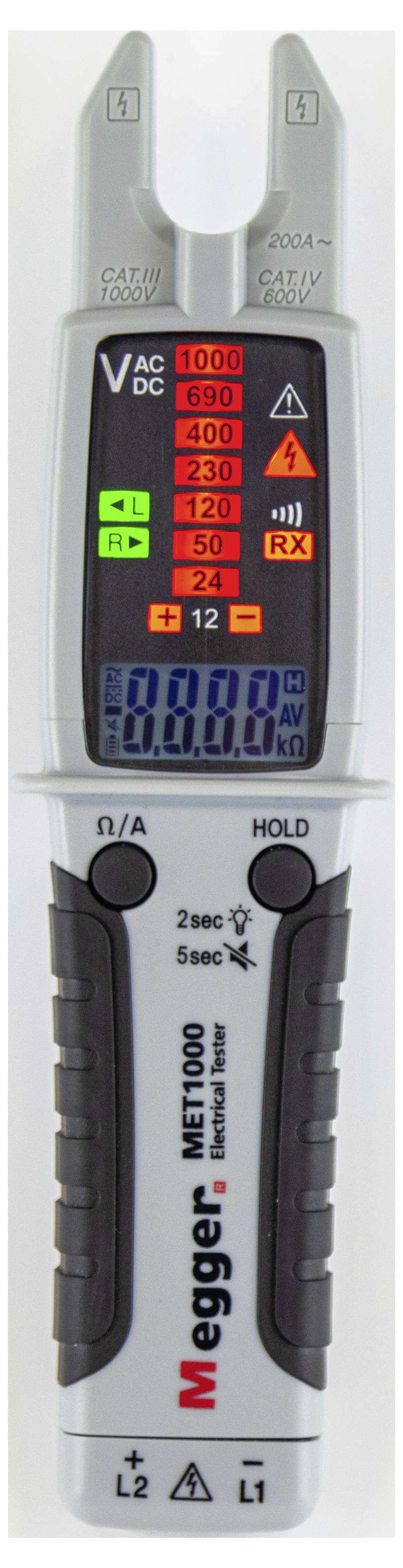 Un dispositivo elettrico di test con un design ergonomico che mostra diverse impostazioni di tensione e indicatori LED per AC/DC.