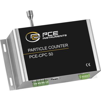 Contatore di particelle PCE Instruments, modello PCE-CPC 50, forma rettangolare metallica con antenna e morsetti di connessione.