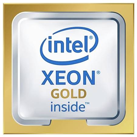 Logo Intel con testo 'Xeon Gold inside' su un quadrato argentato con bordo dorato.