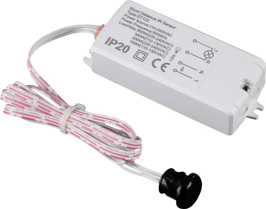 Un sensore IR a corta distanza con certificazione IP20, idoneo per il controllo dell'illuminazione. Contiene dati tecnici e simboli di sicurezza.