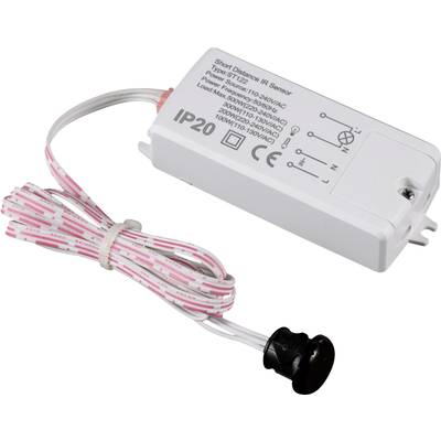 Un sensore IR a corta distanza con certificazione IP20, idoneo per il controllo dell'illuminazione. Contiene dati tecnici e simboli di sicurezza.