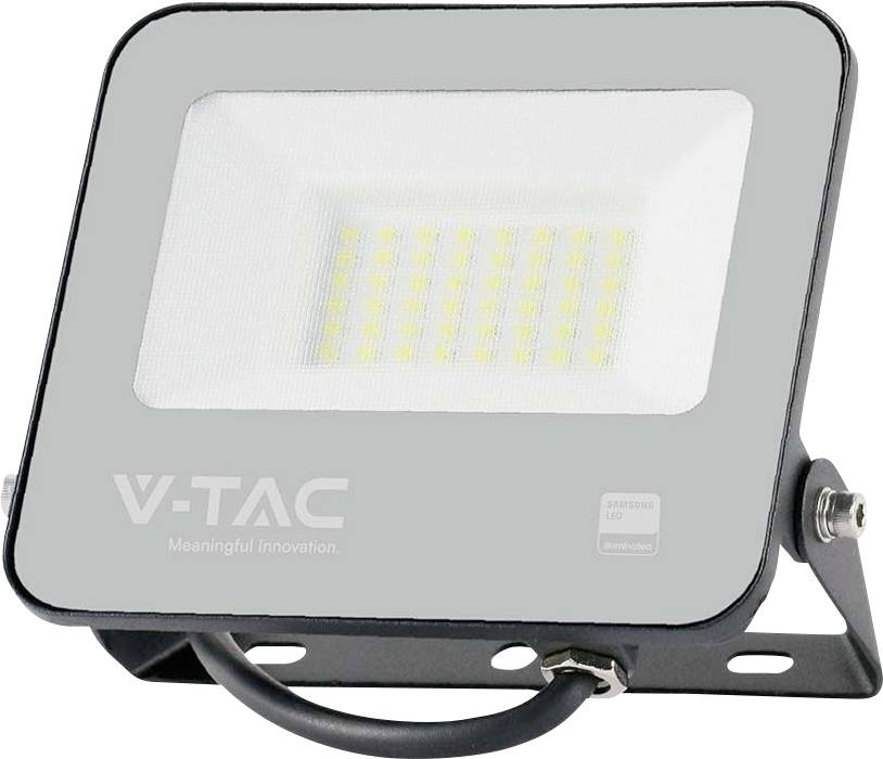 Proiettore LED da esterno V-TAC in custodia nera, adatto per illuminazione esterna; energeticamente efficiente e durevole.
