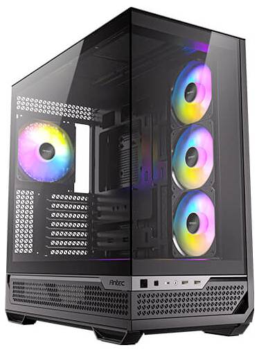 Un case per PC con pannelli in vetro e quattro ventole illuminate RGB che creano effetti di luce colorati. Sul frontale sono visibili alcune porte di connessione.