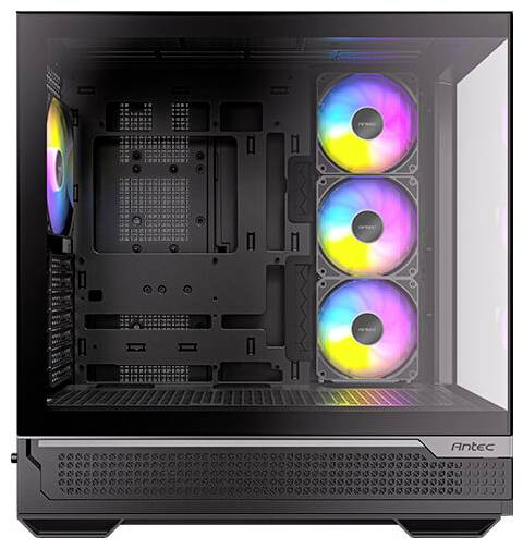 Un case per computer vuoto con tre ventole LED colorate sul lato destro e un pannello laterale in vetro sul lato sinistro.
