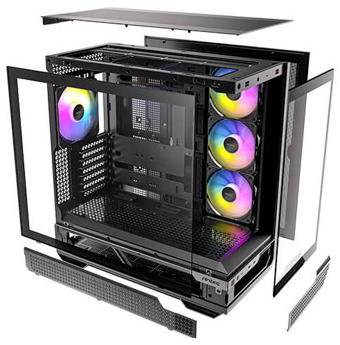 Case per computer aperto con ventole LED visibili e pannelli laterali trasparenti. Ideale per progetti di assemblaggio PC personalizzati.