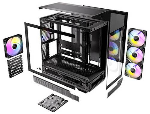 Case per PC con design aperto; mostra ventole con illuminazione RGB, pannello laterale in vetro e componenti per personalizzazione individuale.