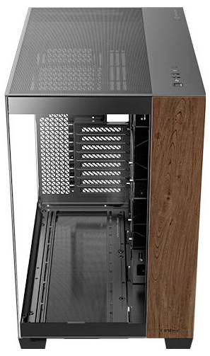 Un case per computer con vista frontale aperta, che mostra diversi slot di espansione e un pannello laterale con finitura effetto legno.