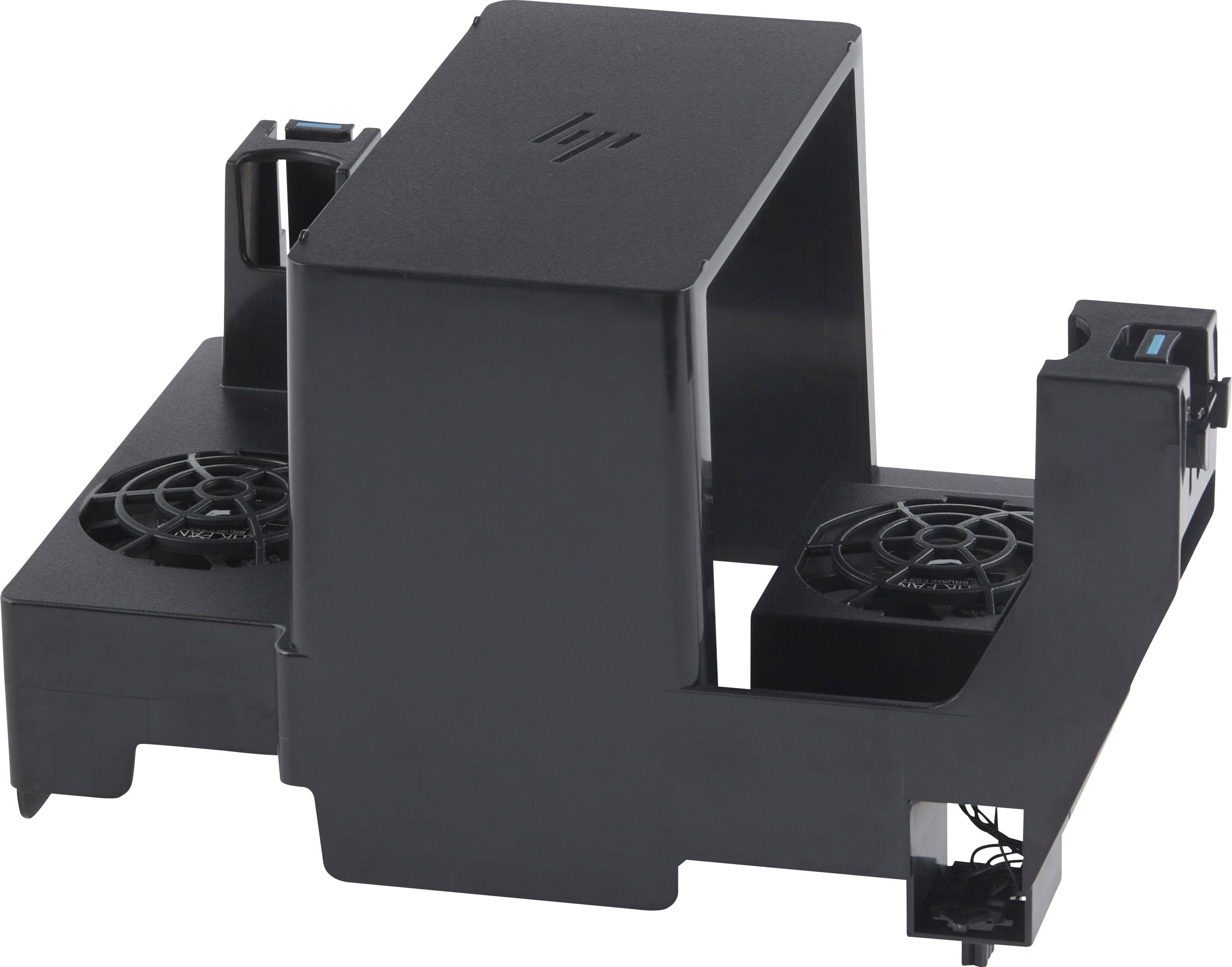 Supporto nero in plastica per dispositivi elettronici con supporto sagomato e ventole integrate per il raffreddamento.