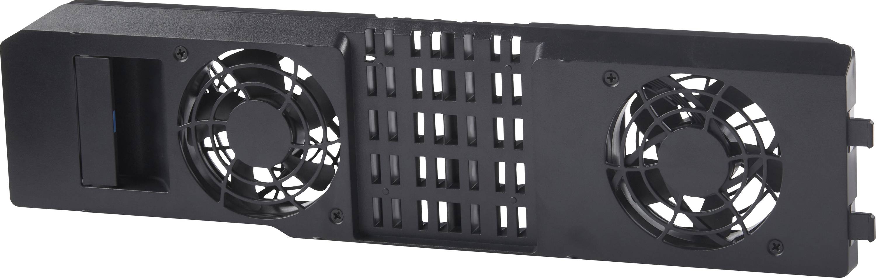 Coperchio nero per ventola con due ventilatori per un raffreddamento migliorato dei dispositivi elettronici.