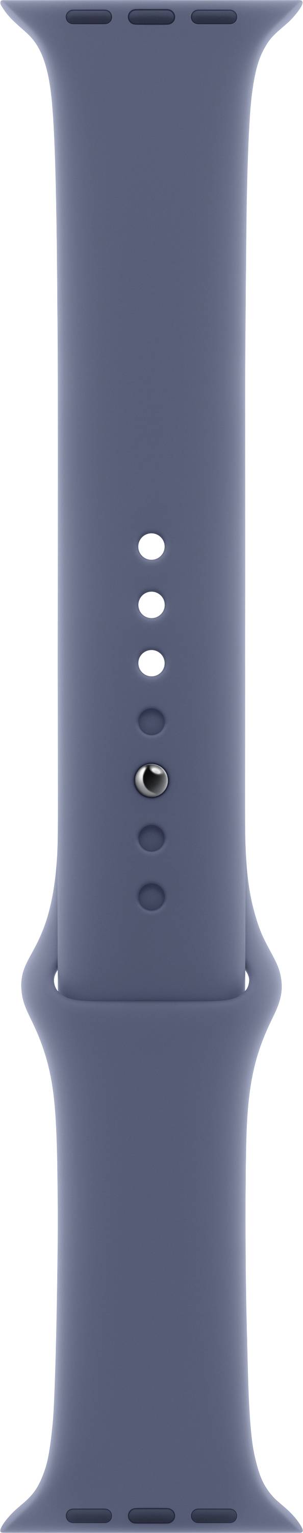 Un bracciale blu per uno smartwatch con diversi fori per regolare la dimensione e un perno metallico per la chiusura.