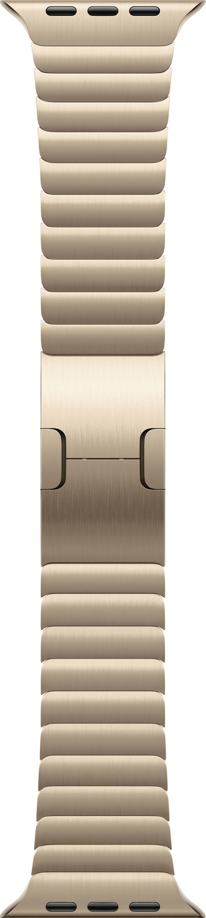 Bracciale orologio dorato, metallico, con maglie modulari e chiusura. Design elegante, adatto per smartwatch.