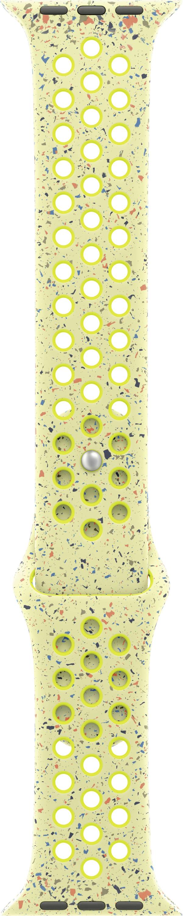 Braccialetto giallo con numerosi fori rotondi. Spruzzi colorati decorano il cinturino. Adatto per un orologio moderno e sportivo.