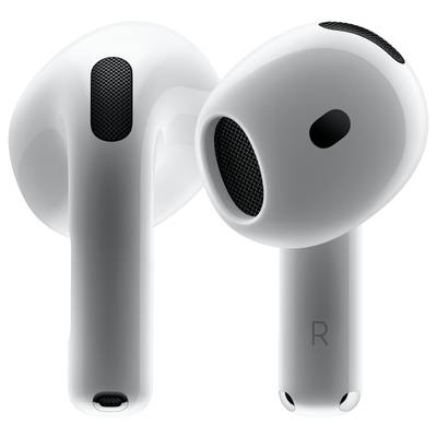 Due auricolari wireless bianchi. L'auricolare destro è contrassegnato con una 'R'. Hanno griglie degli altoparlanti nere.