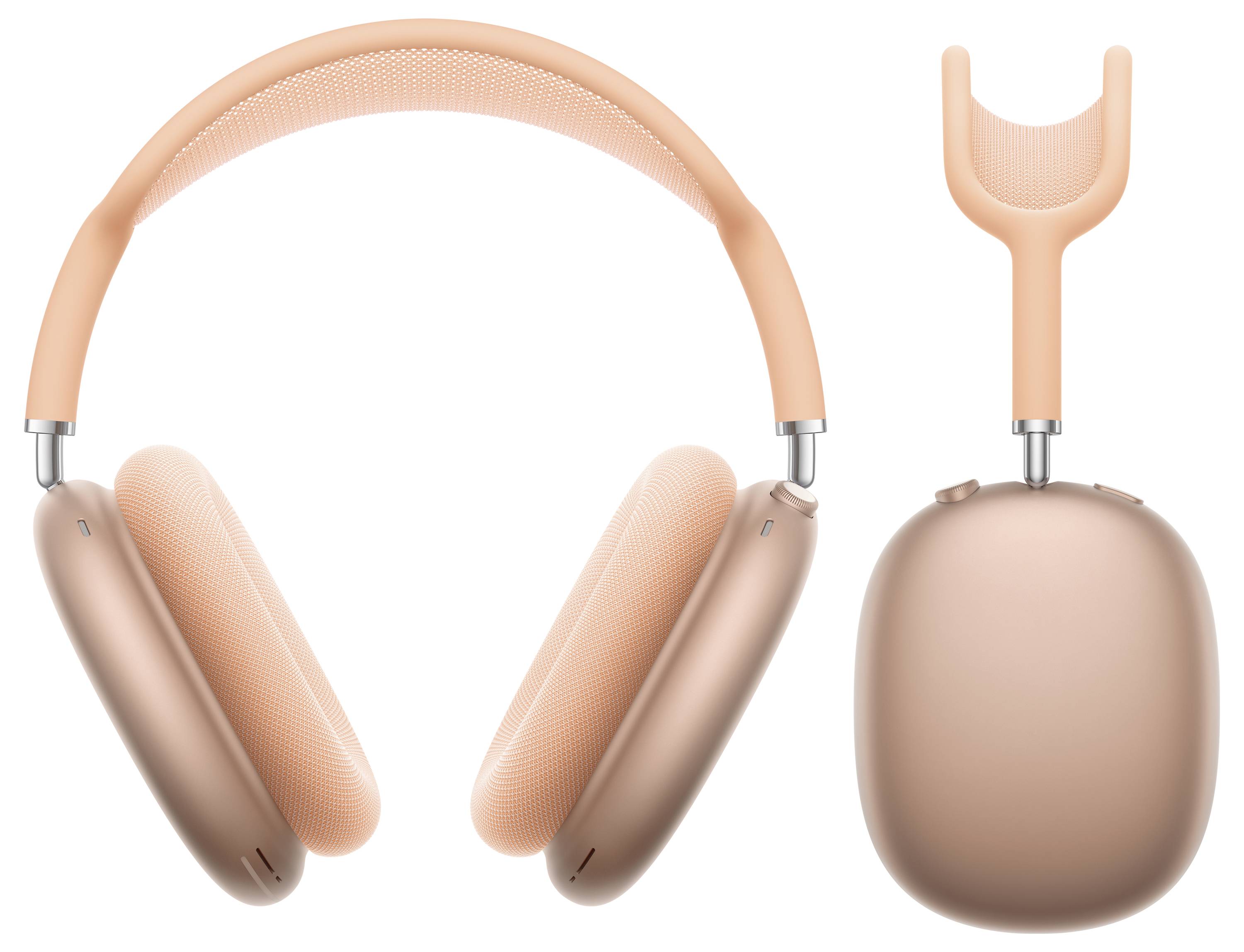 Cuffie in tono rosa, mostrate frontalmente e lateralmente, con padiglioni auricolari arrotondati e archetto imbottito.