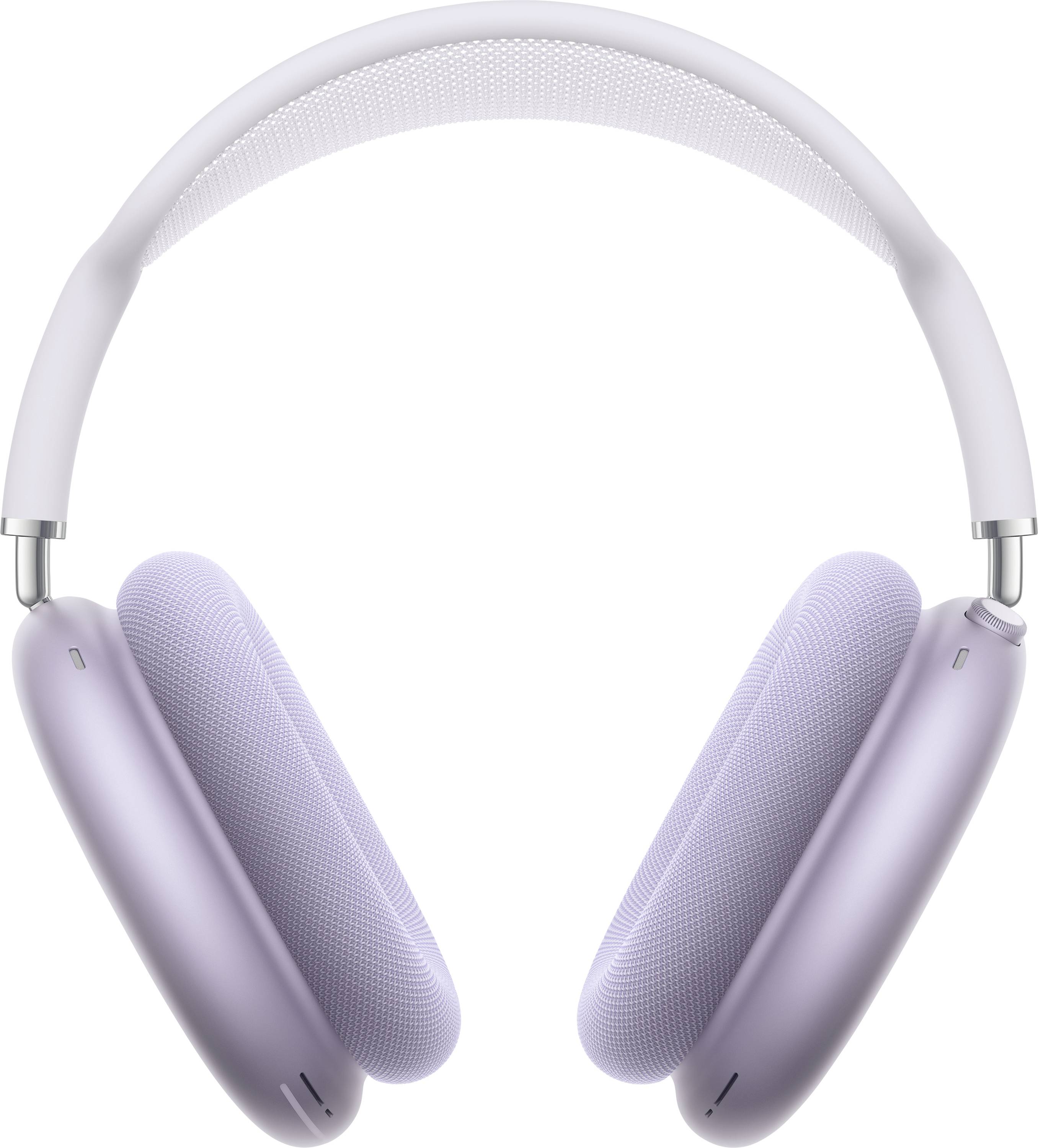 Delle cuffie over-ear color lavanda con fascia imbottita e padiglioni auricolari, raffigurate in una vista frontale.
