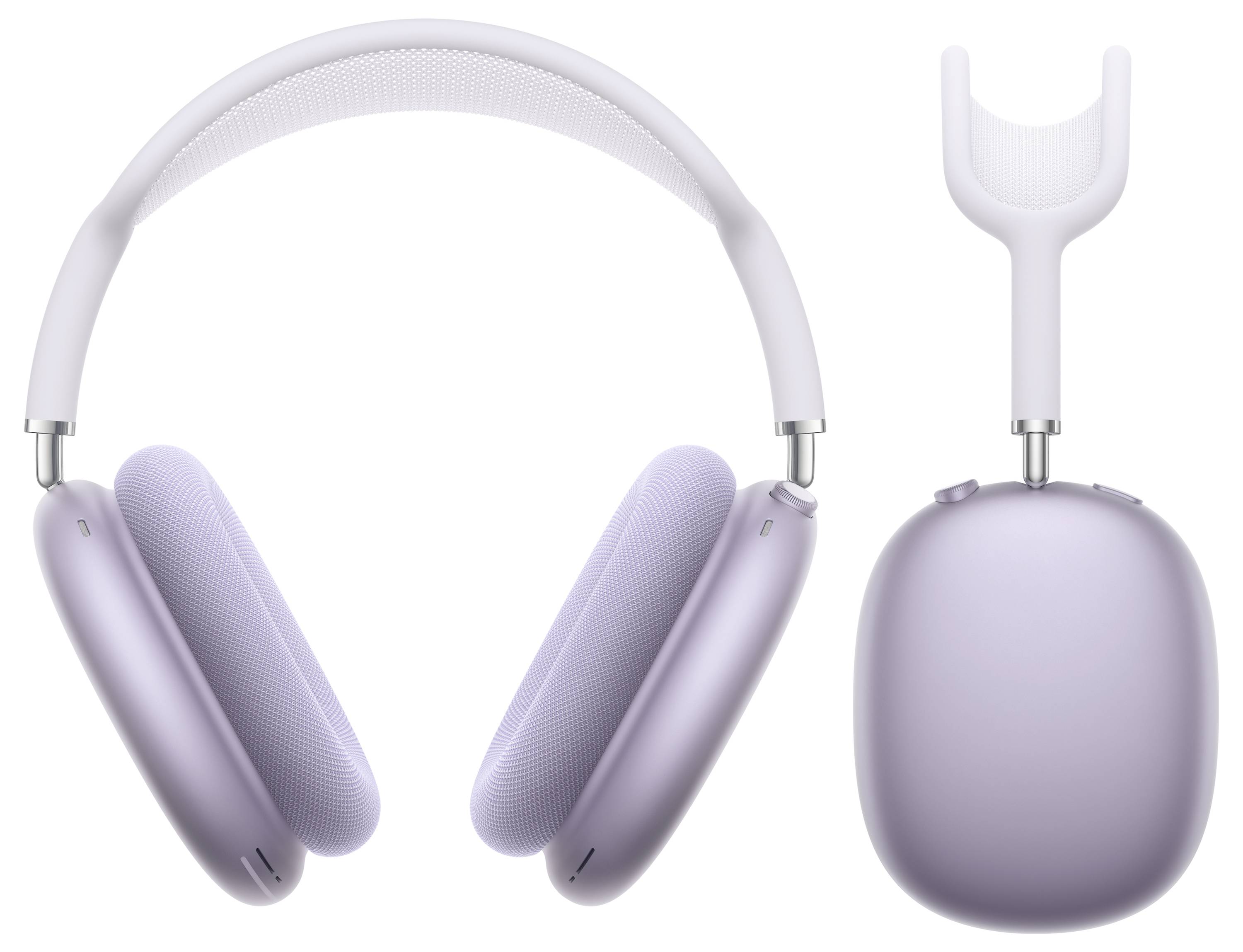 Due visuali di cuffie over-ear viola: vista frontale e vista laterale con archetto collegato.