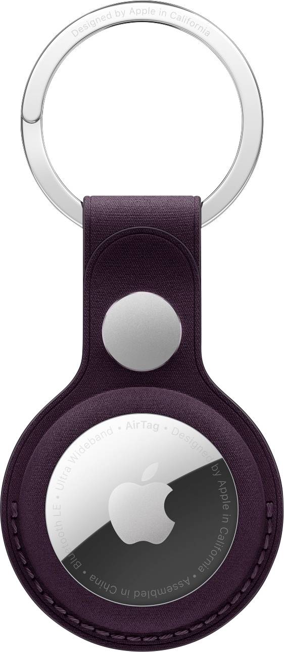 Portachiavi in pelle color viola scuro con un dispositivo rotondo argentato al centro. Il dispositivo reca il logo di Apple.