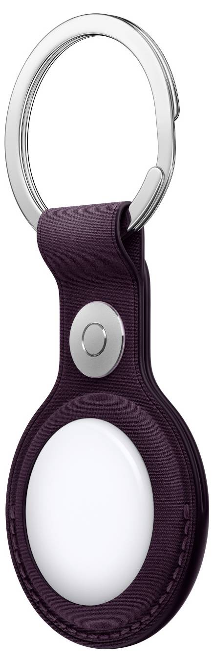 Un ciondolo rotondo bianco con supporto viola e anello portachiavi argentato.