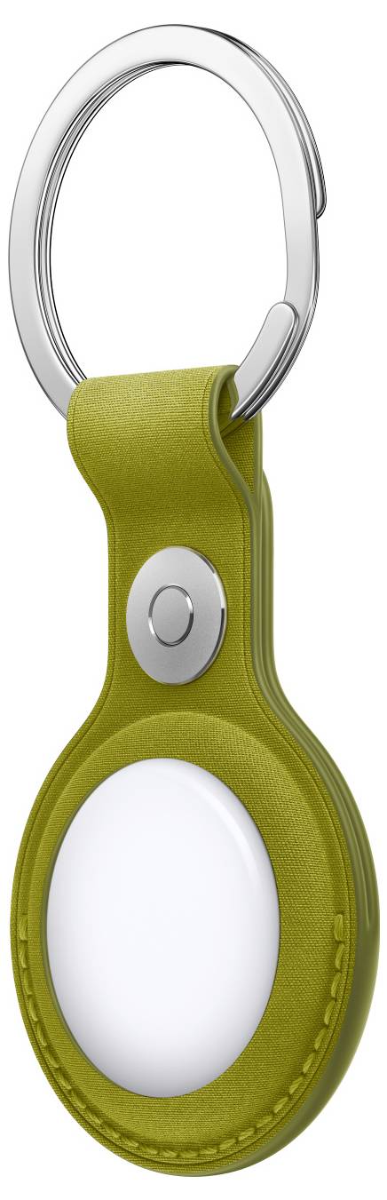 Un portachiavi giallo con un dischetto bianco e rotondo al centro, utilizzato come tracker.