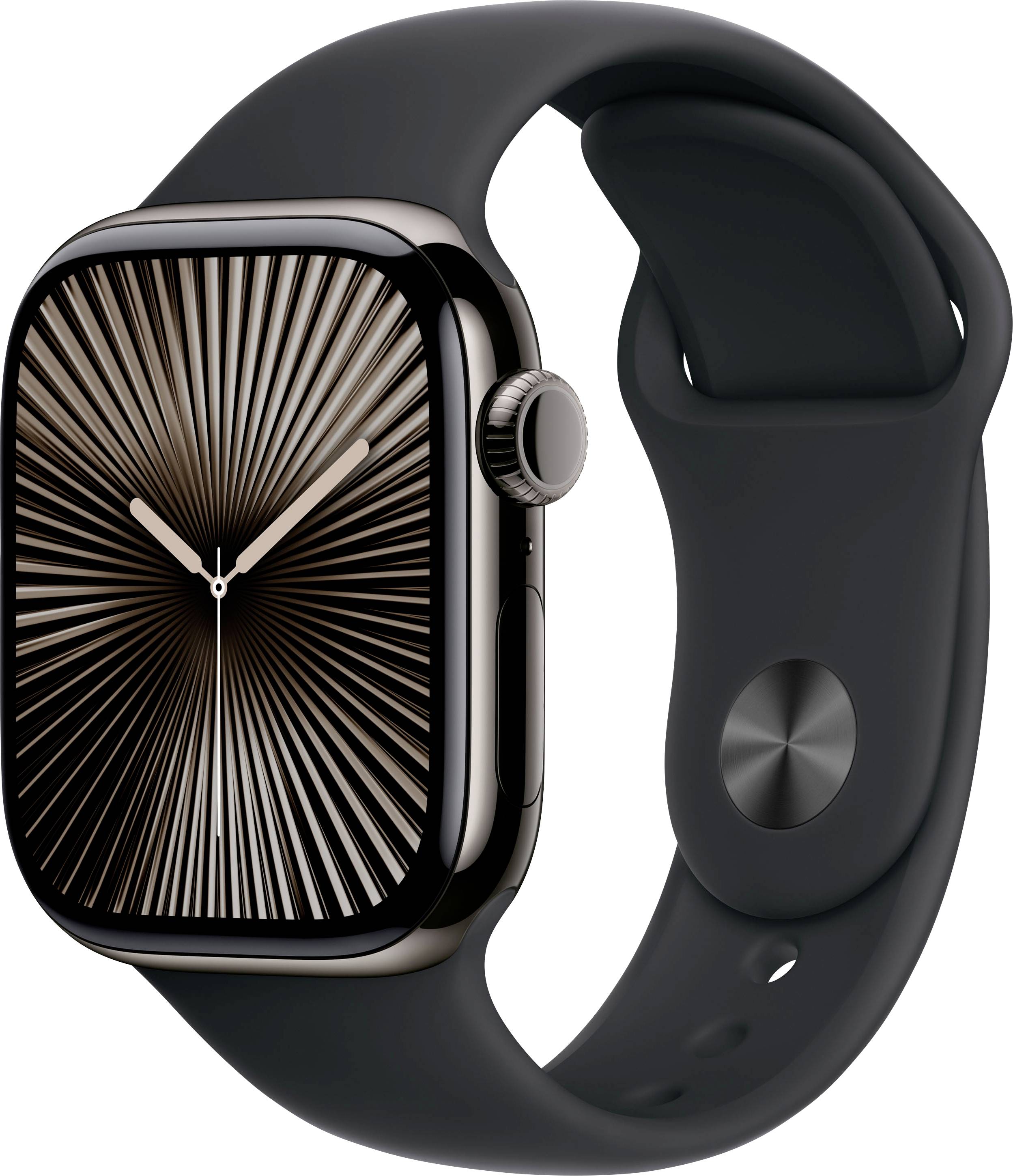 Un smartwatch con un cinturino nero e un quadrante che mostra un motivo stilizzato a forma di raggi.