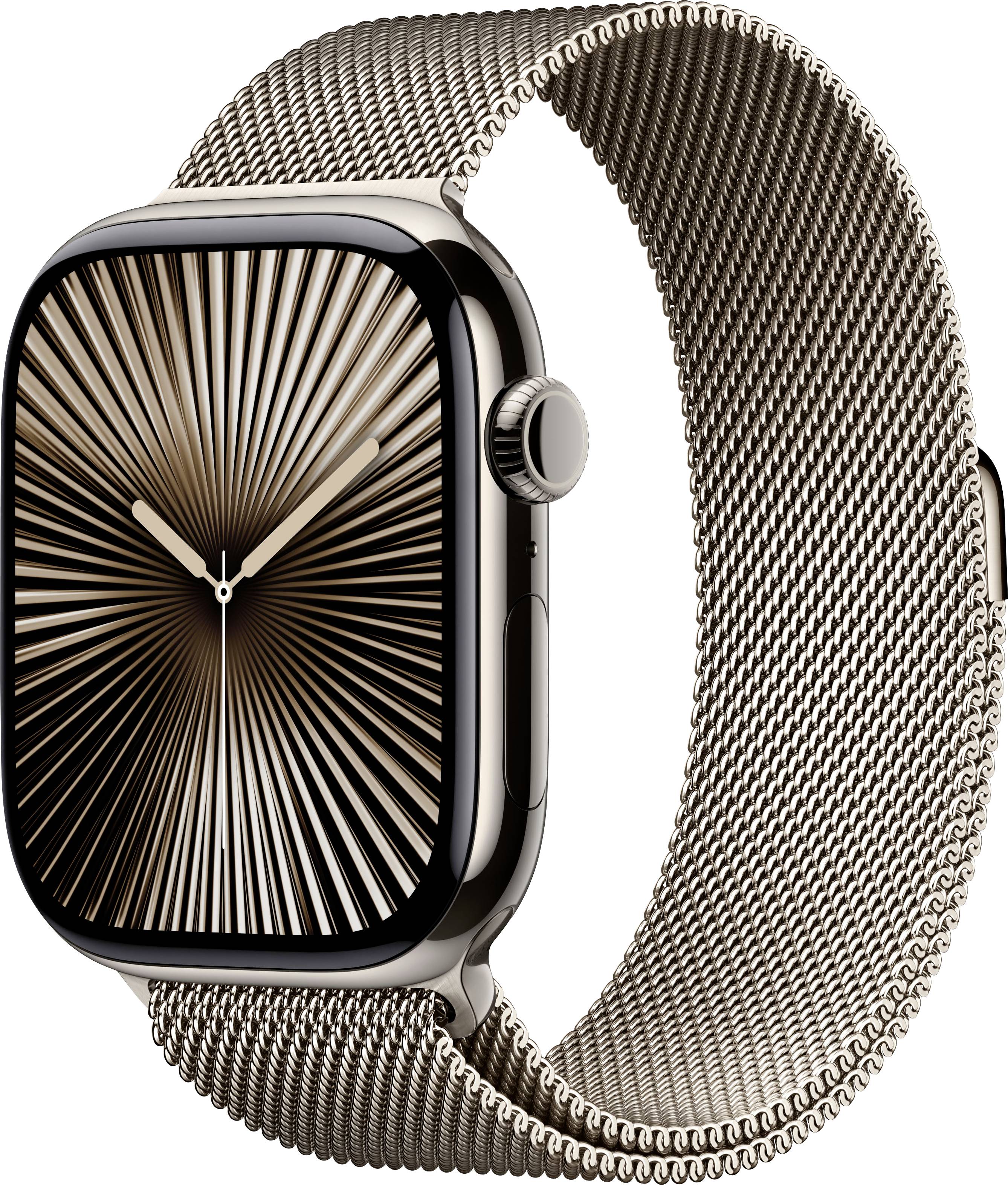 Smartwatch con cassa rotonda, quadrante minimale e cinturino in metallo color oro.