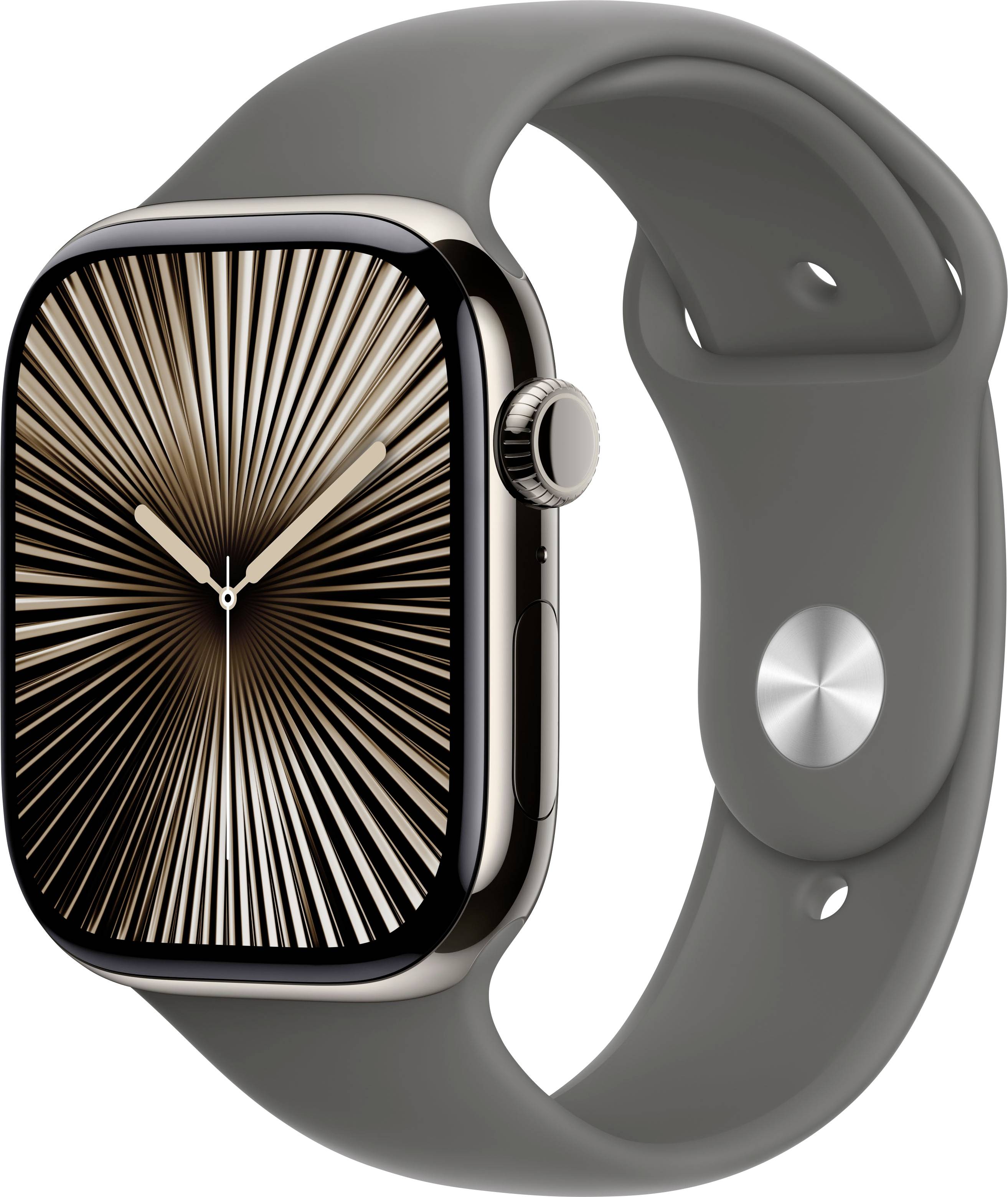 Un orologio smartwatch con cinturino nero, sul cui schermo viene visualizzato un motivo elegante a righe radiali.