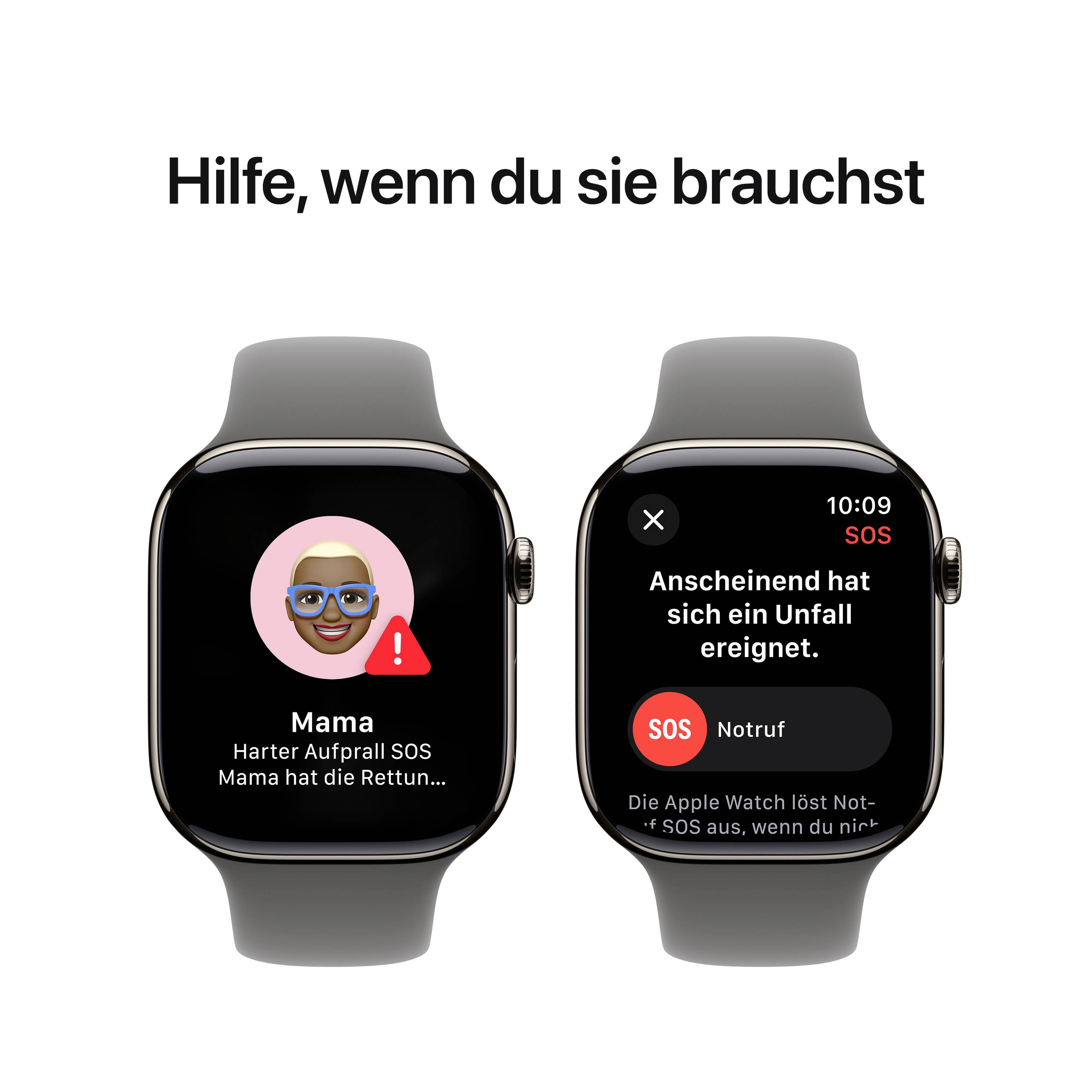 Due schermi di smartwatch: A sinistra un avatar SOS con testo 'Mamma'. A destra un messaggio: 'Sembra che si sia verificato un incidente.'
