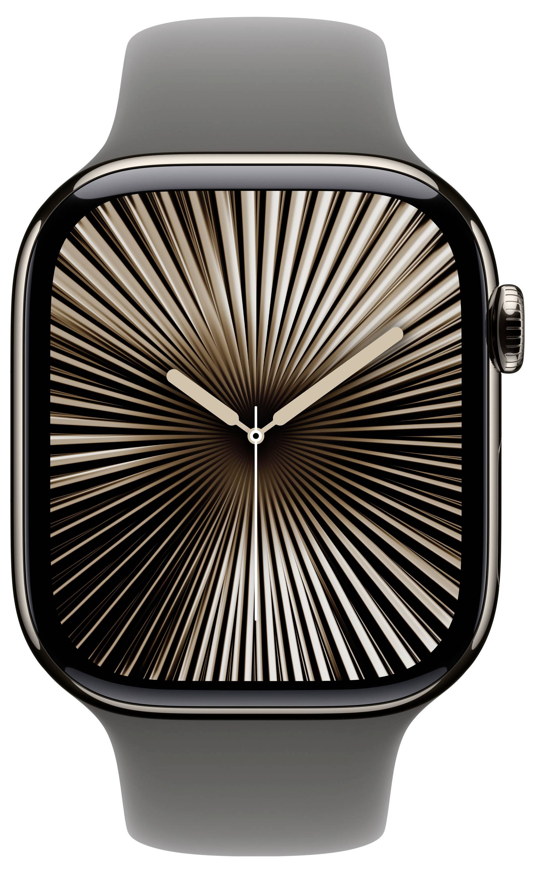 Un orologio intelligente con un motivo radiale concentrico sul quadrante. Ha un cinturino nero e grigio.