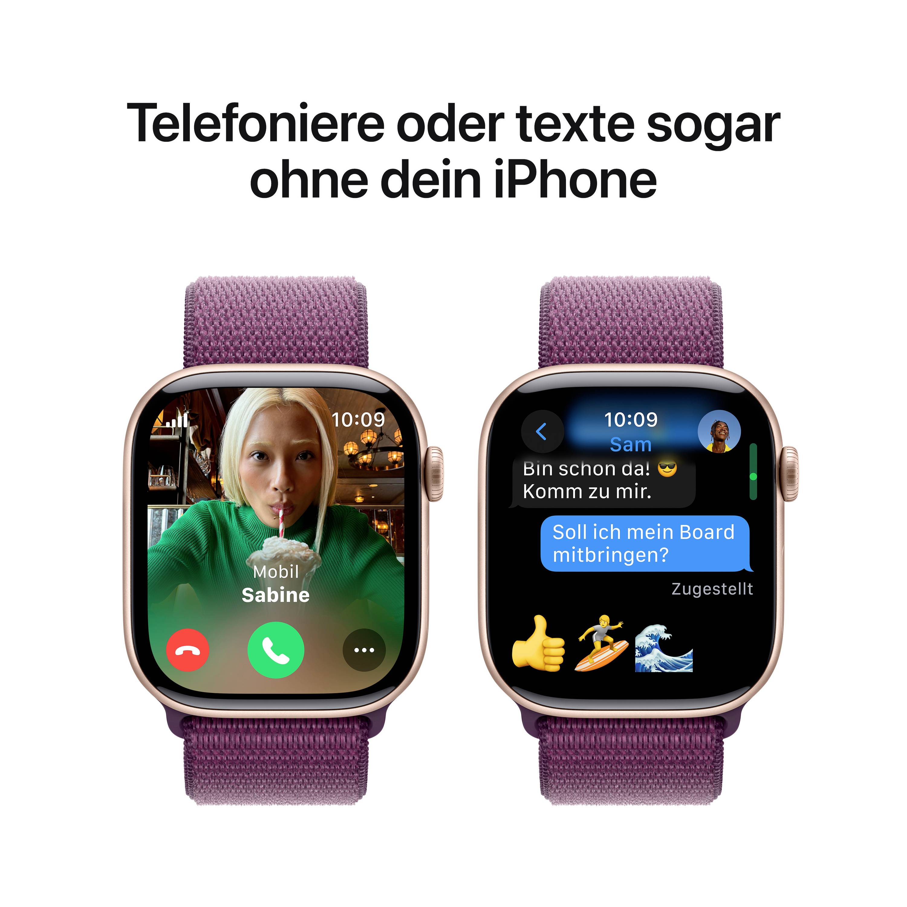 Un orologio intelligente mostra una videochiamata in arrivo e messaggi che indicano che è possibile telefonare o inviare messaggi senza un iPhone.