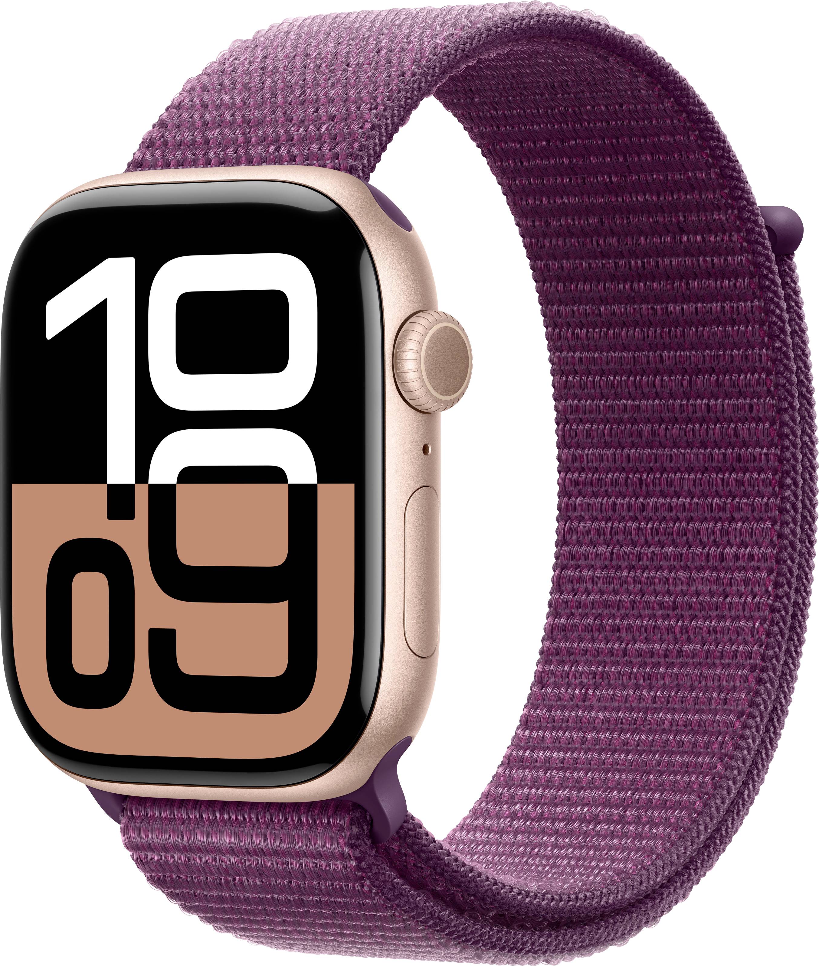 Un orologio intelligente con un cinturino viola mostra sul display l'ora 10:09. La cassa è in un colore dorato.