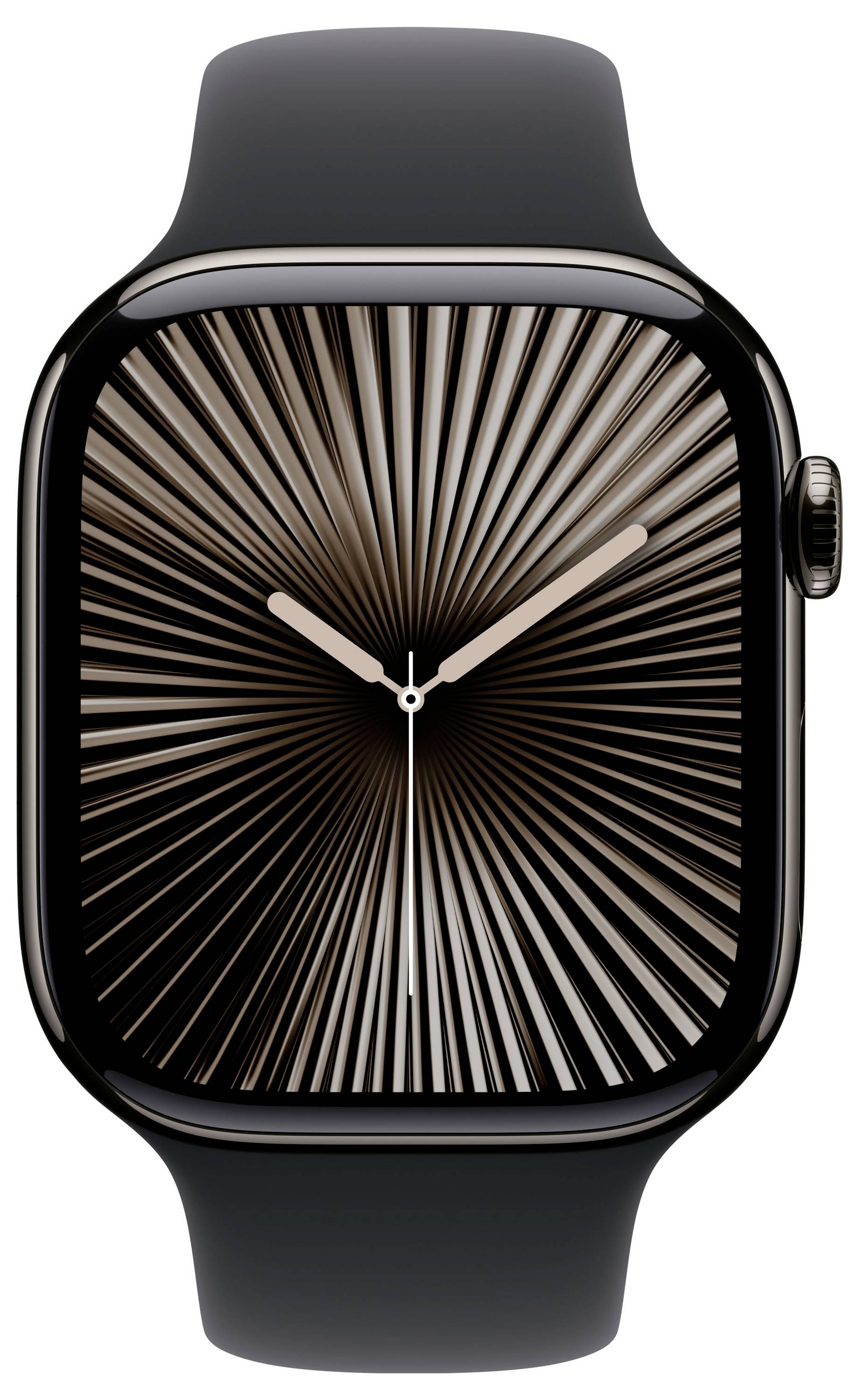 Un orologio intelligente con cinturino nero e un quadrante che mostra un motivo che si irradia radialmente.