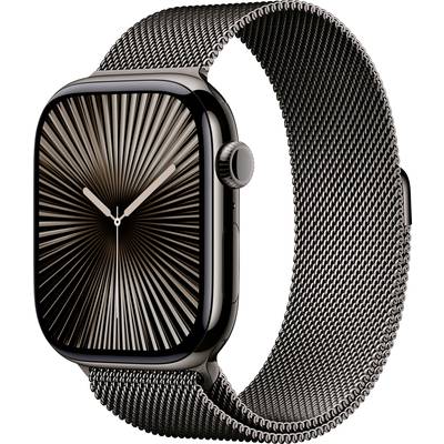 Smartwatch con cinturino scuro e quadrante con motivo a strisce radiali, non indica un orario specifico.