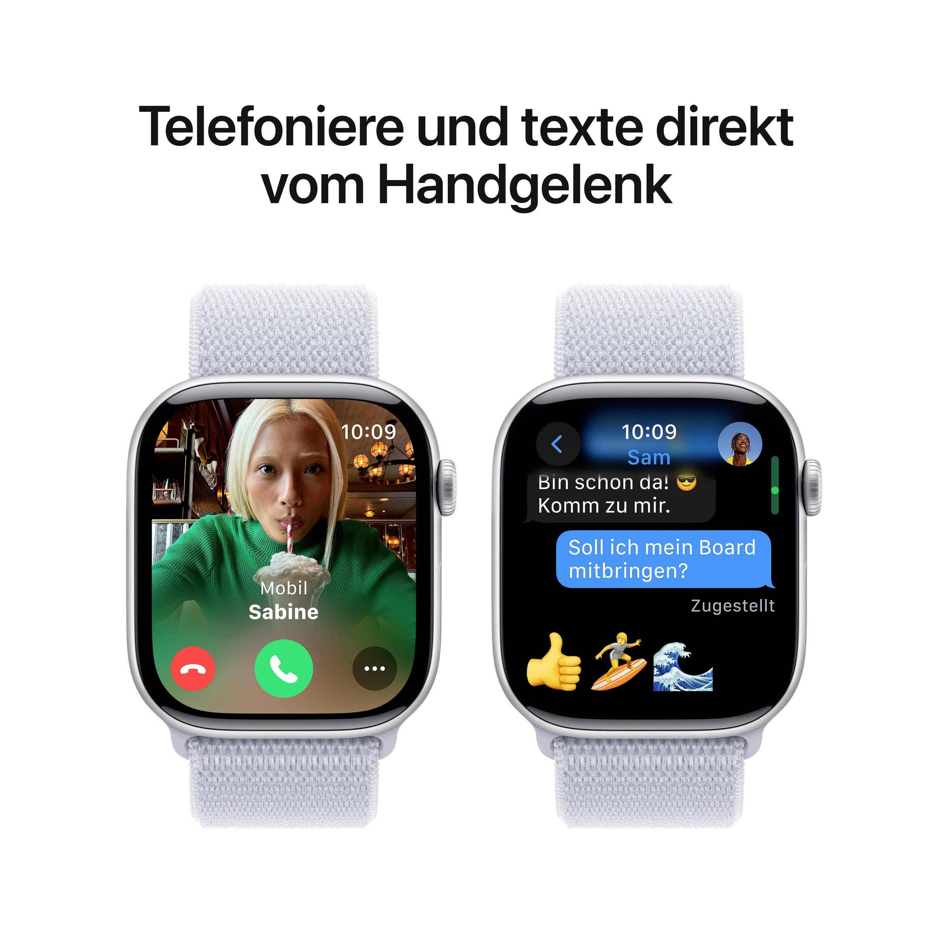 Due smartwatch con cinturino blu; a sinistra: chiamata video in arrivo; a destra: chat di messaggi di testo visualizzata. Testo in alto: 'Chiama e invia messaggi direttamente dal polso'.