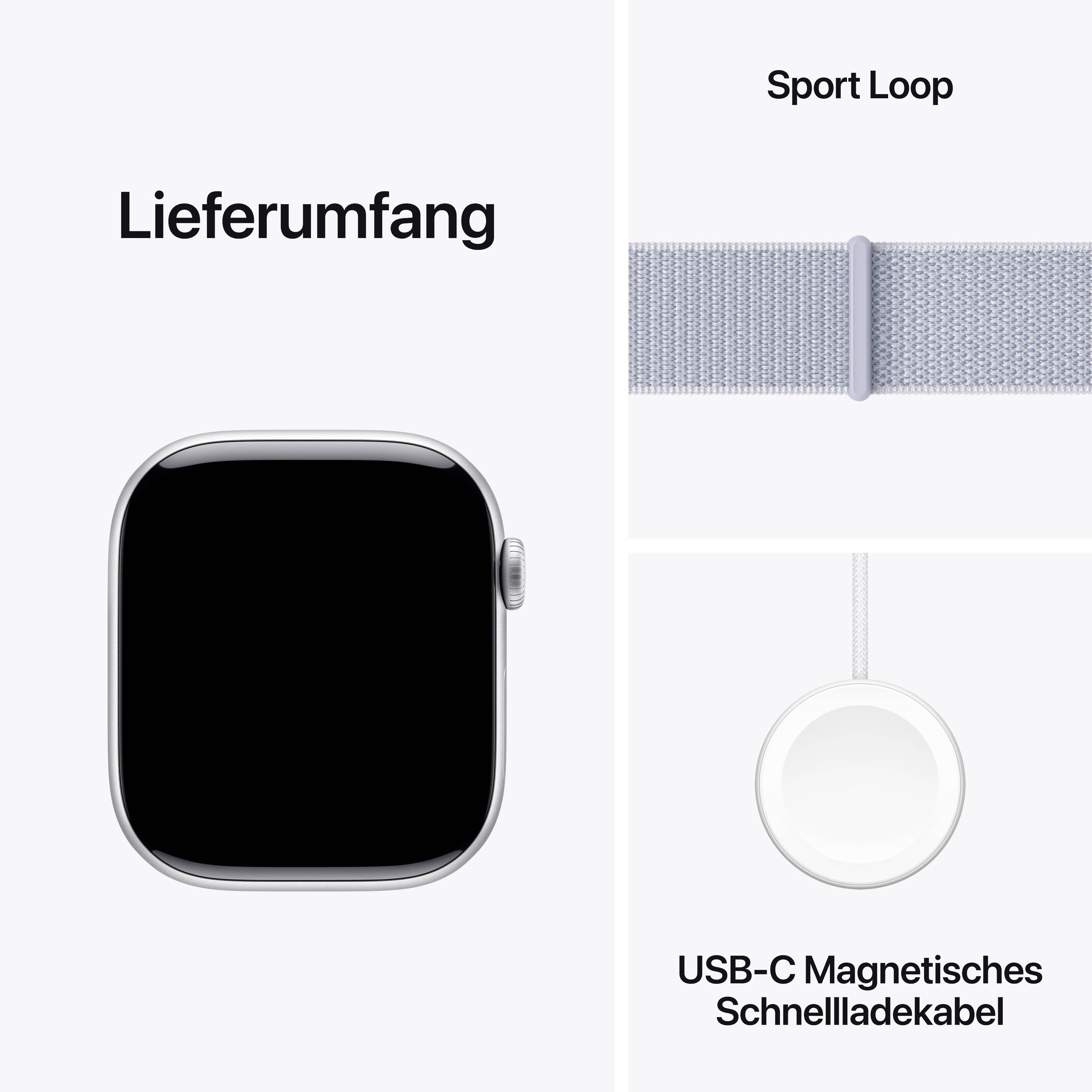 Contenuto della confezione di uno smartwatch: Cinturino Sport Loop, cavo di ricarica magnetico USB-C per la ricarica rapida.