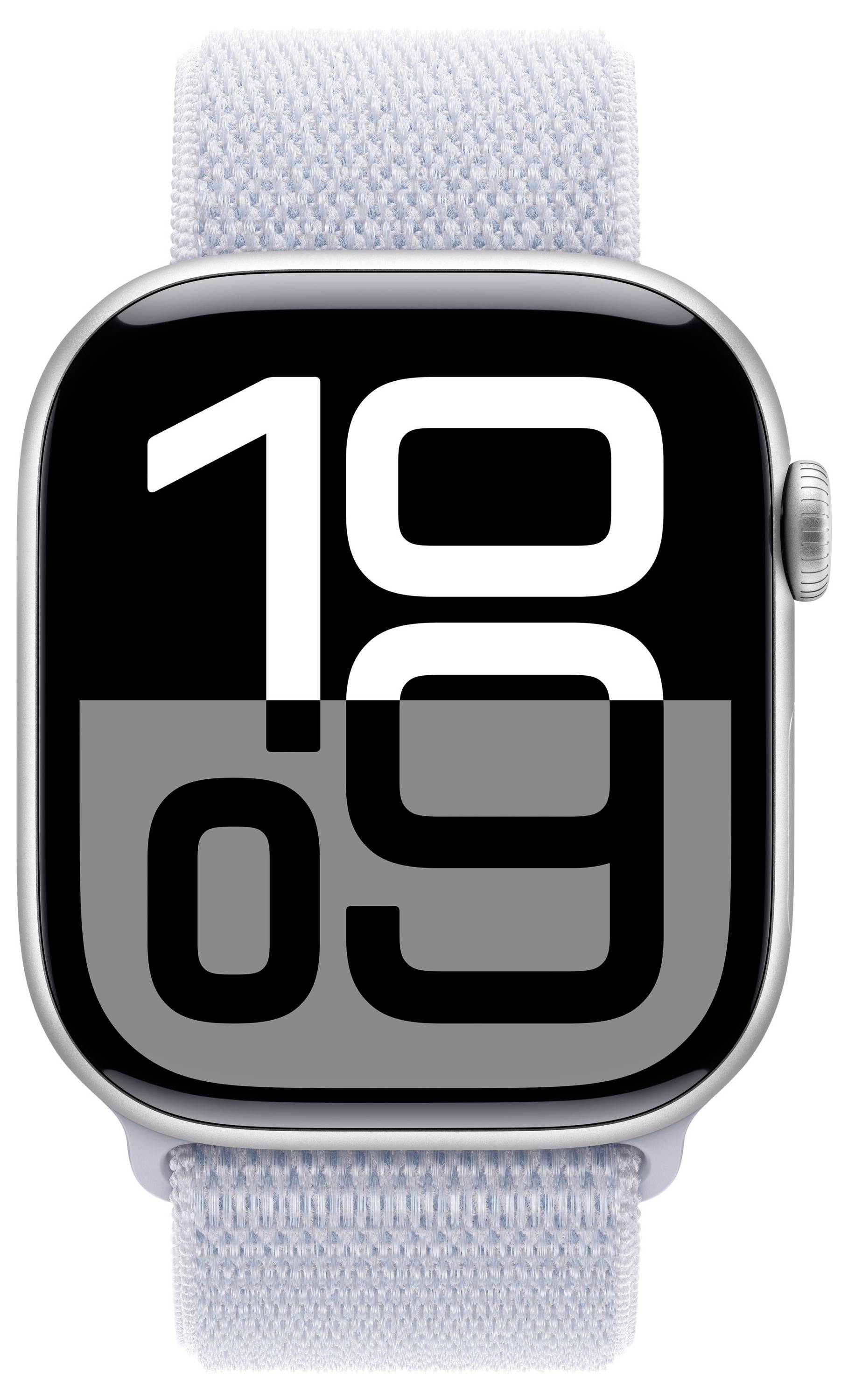 Un orologio digitale da polso con display mostra '10:09'. Ha un cinturino in tessuto azzurro chiaro e una cassa argentata.