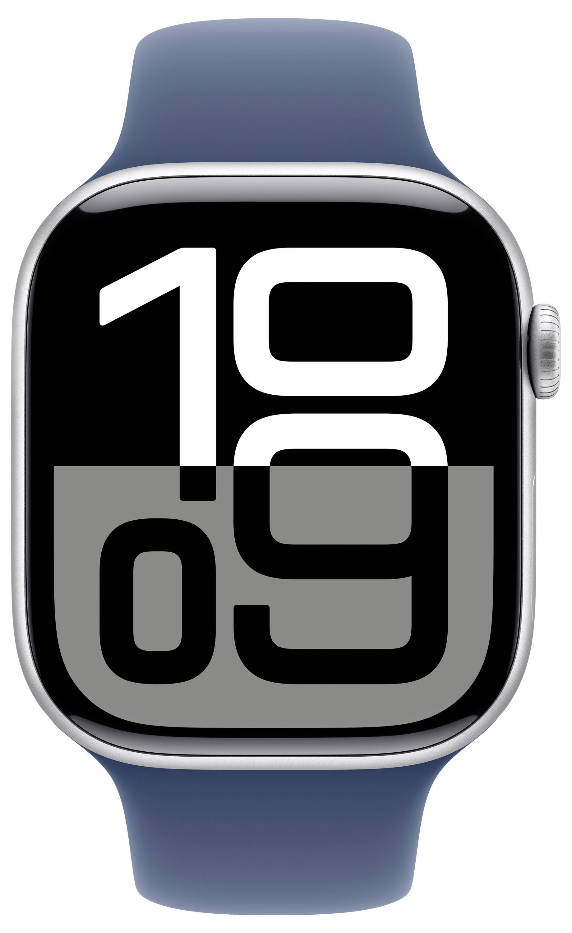 Un orologio intelligente con cinturino blu scuro mostra l'ora '10:09' in grandi cifre bianche sul display.