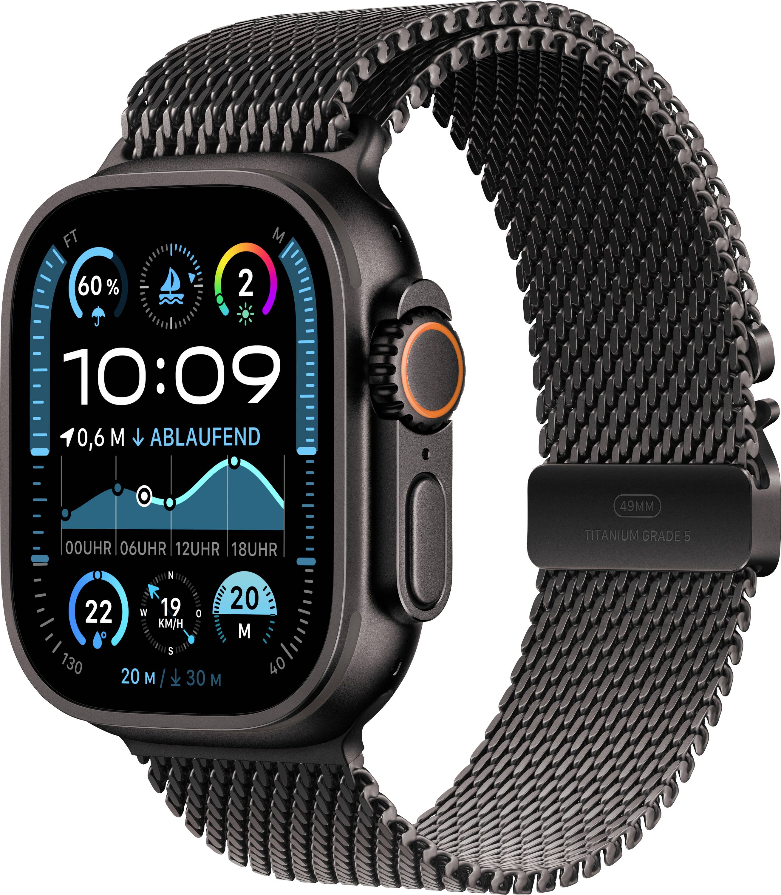 Apple Watch Ultra 2 (2024) GPS + Cellular 49 mm Alloggiamento in titanio Cinturino maglia milanese Nero M