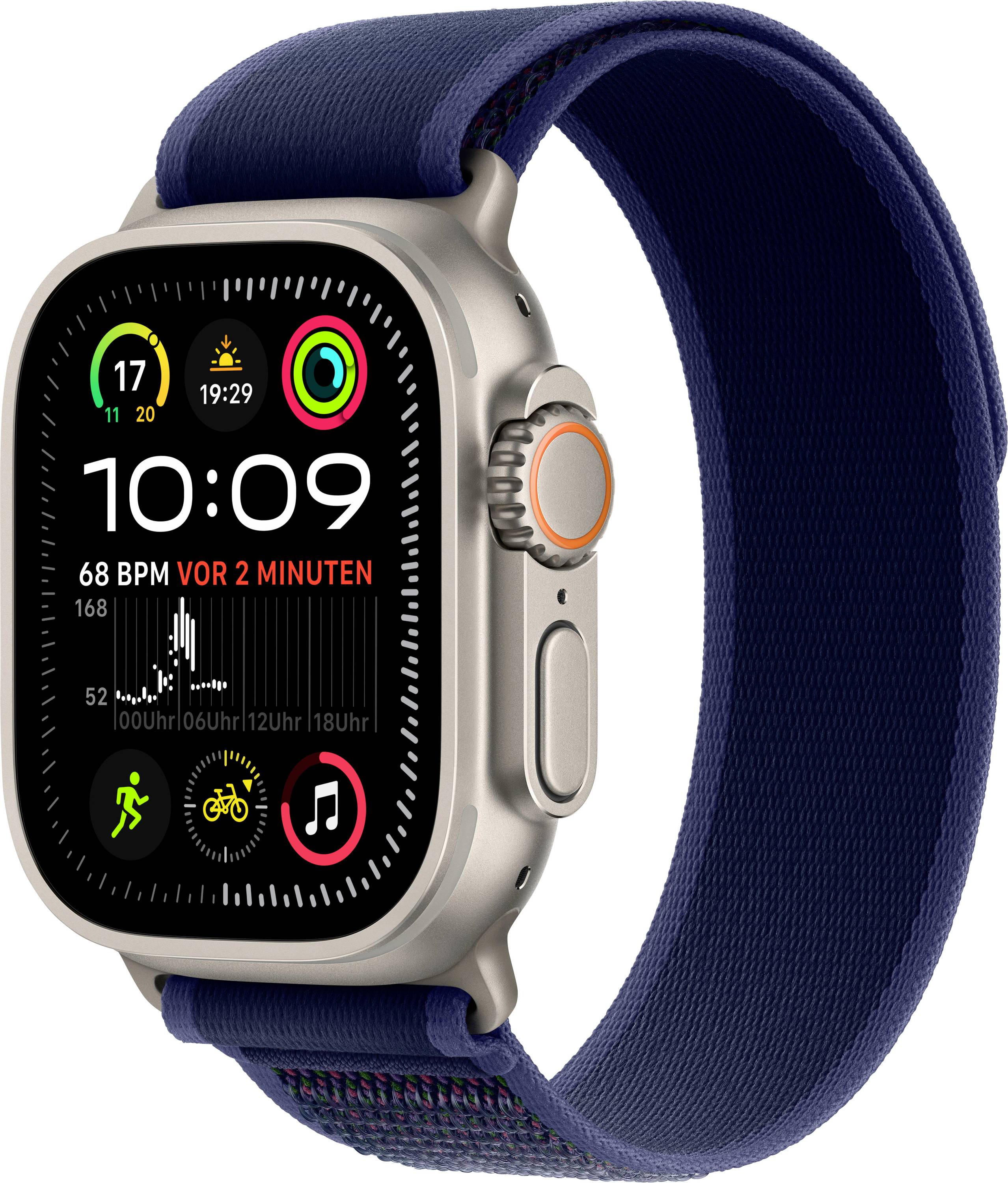 Orologio digitale da polso con cinturino blu che mostra l'ora 10:09 e la frequenza cardiaca di 68 BPM. Visibili varie icone di app.