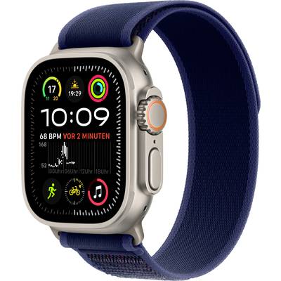 Orologio digitale da polso con cinturino blu che mostra l'ora 10:09 e la frequenza cardiaca di 68 BPM. Visibili varie icone di app.