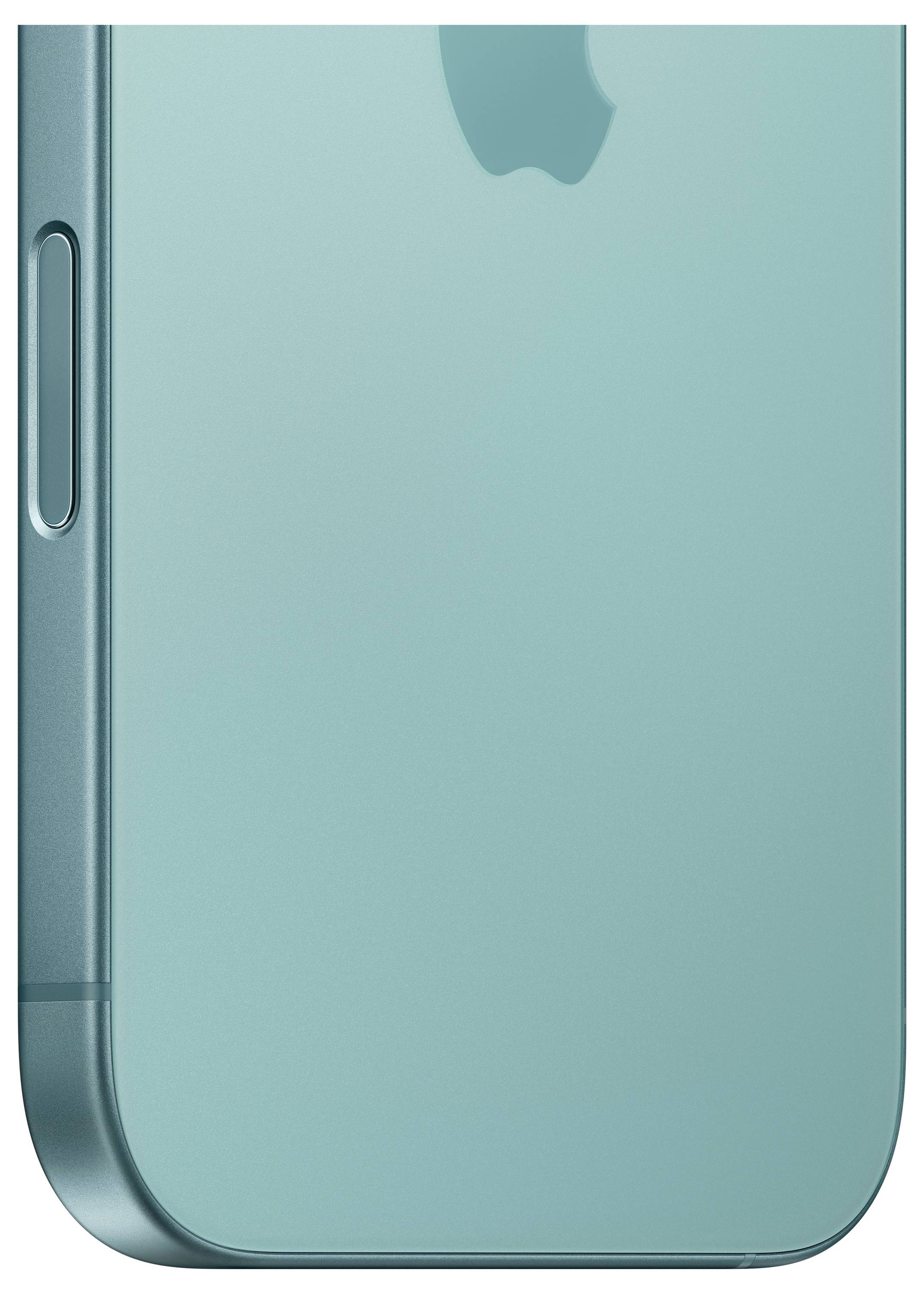 Un smartphone turchese con angolo arrotondato e tasto laterale. Parte superiore di un logo aziendale riconoscibile.