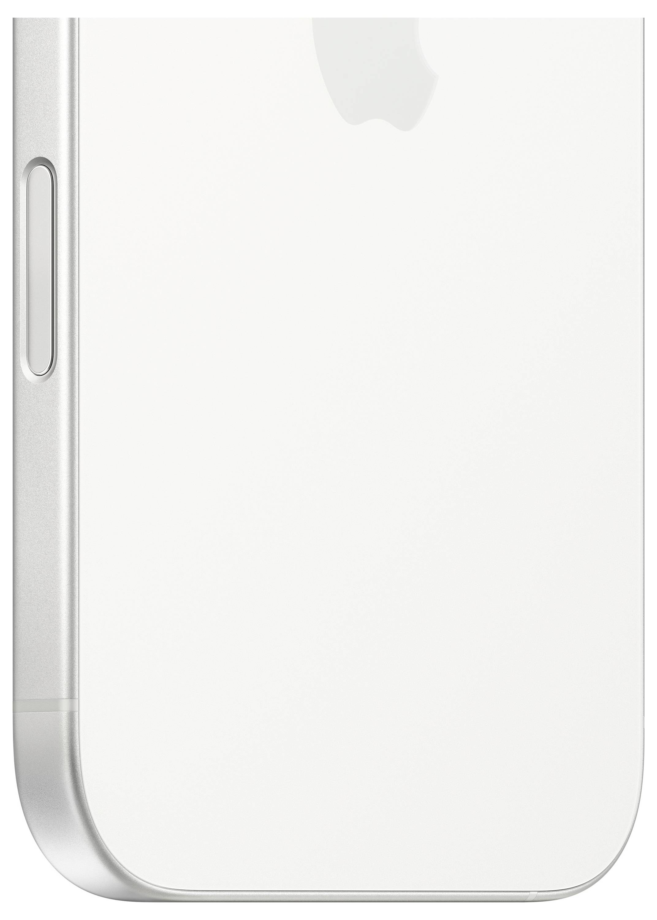 Parte posteriore bianca di uno smartphone con bordi curvi. Un pulsante laterale è visibile, in alto è presente un logo Apple stilizzato.