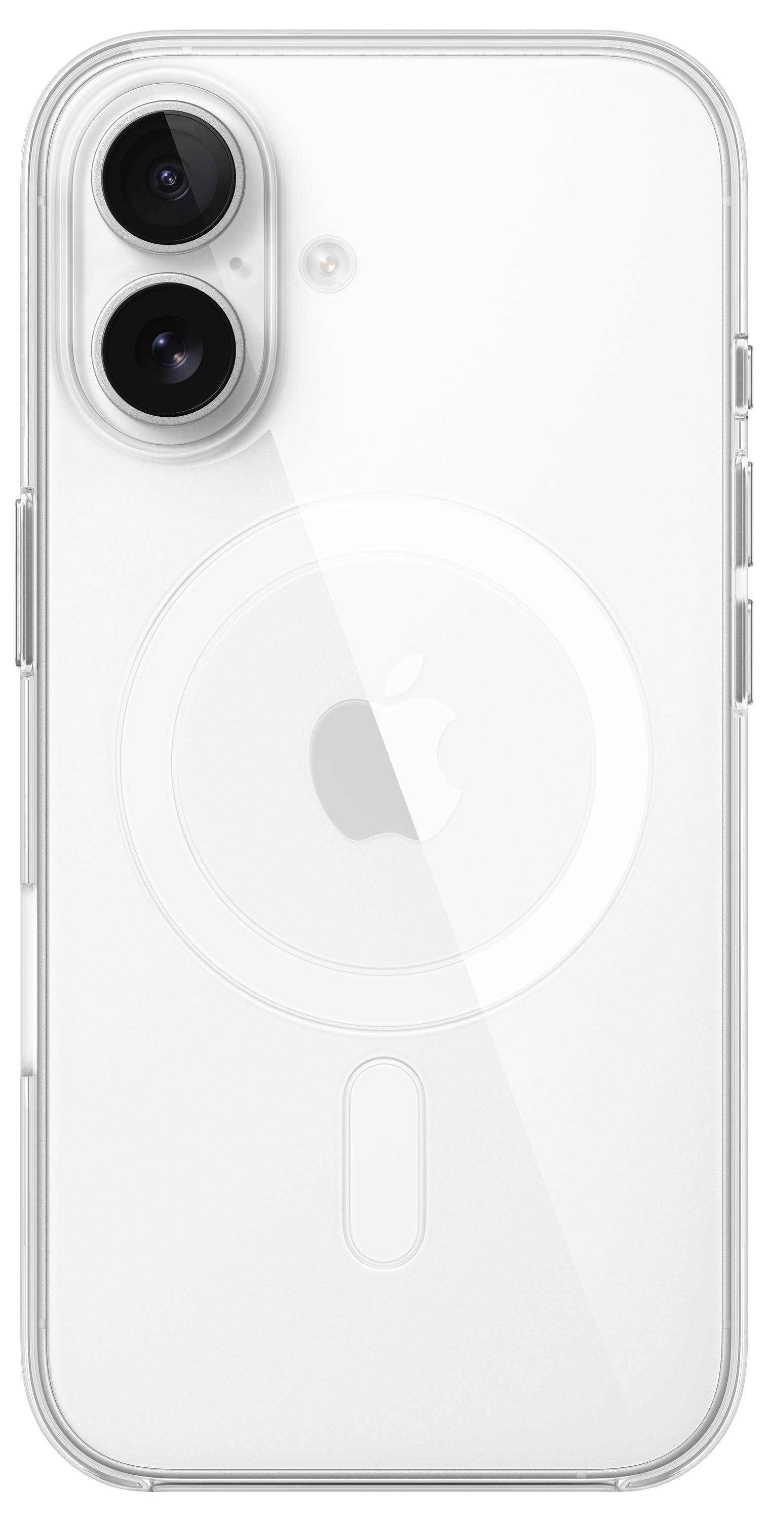 Un smartphone bianco con due obiettivi fotocamera sul retro e un design circolare sottile intorno al logo.