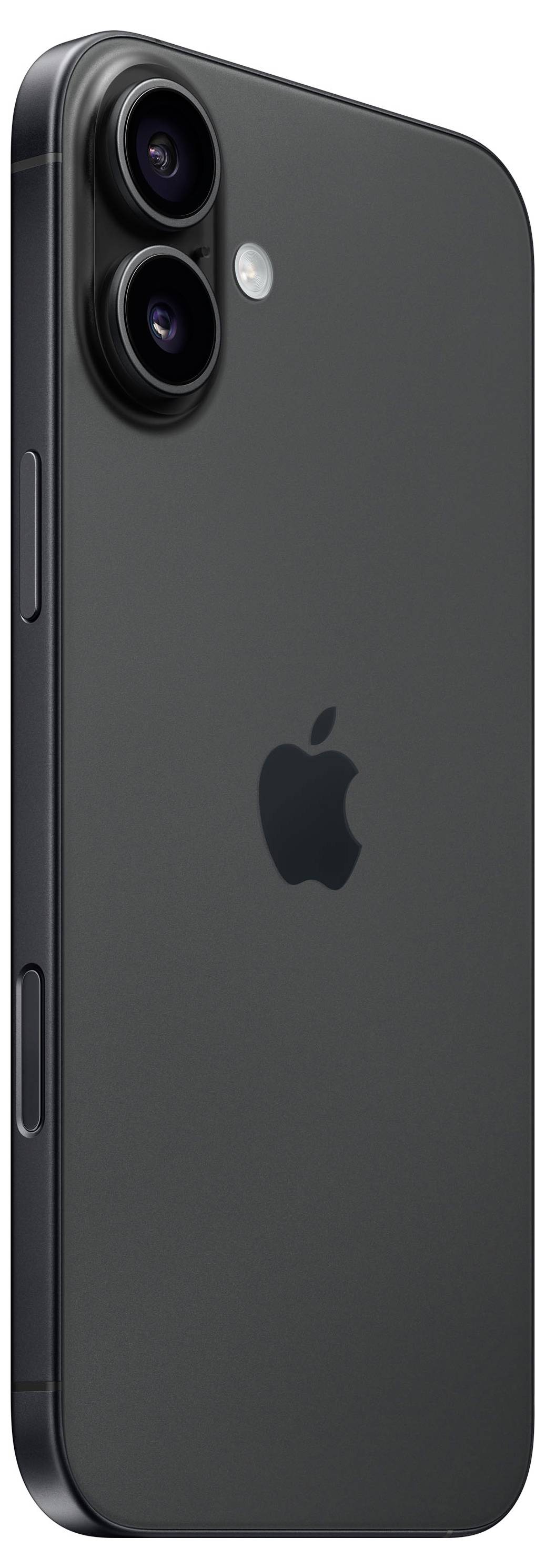 Un iPhone nero con due obiettivi fotografici e flash sul retro, logo Apple sottostante. Vista laterale.