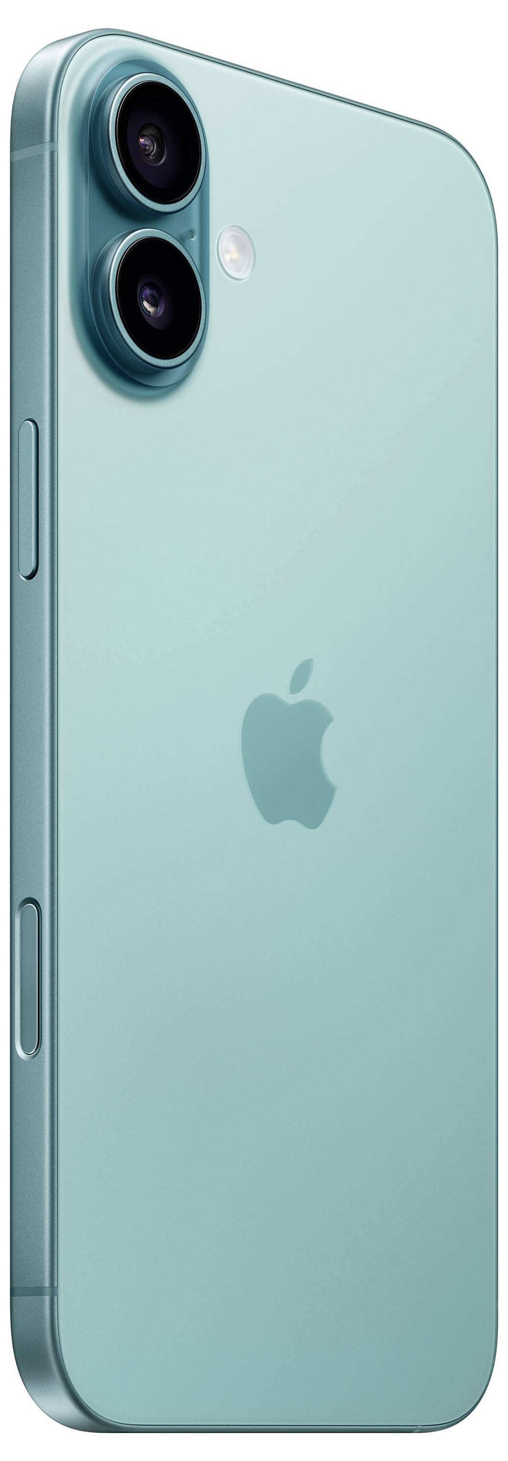 Un iPhone color turchese con due obiettivi fotografici e un logo Apple sul retro. Ha un aspetto sottile e moderno.