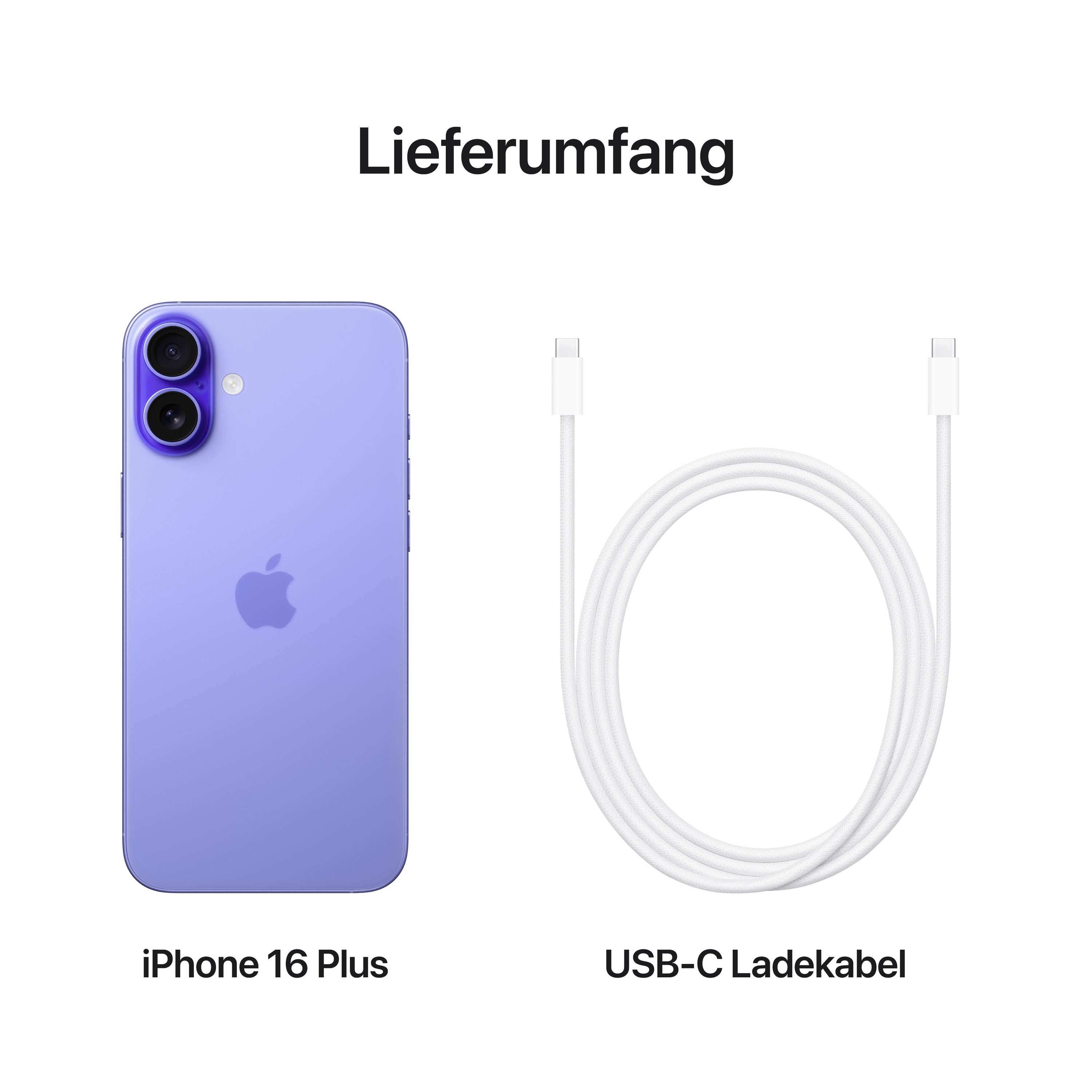 La confezione include un iPhone 16 Plus in blu e un cavo di ricarica USB-C.