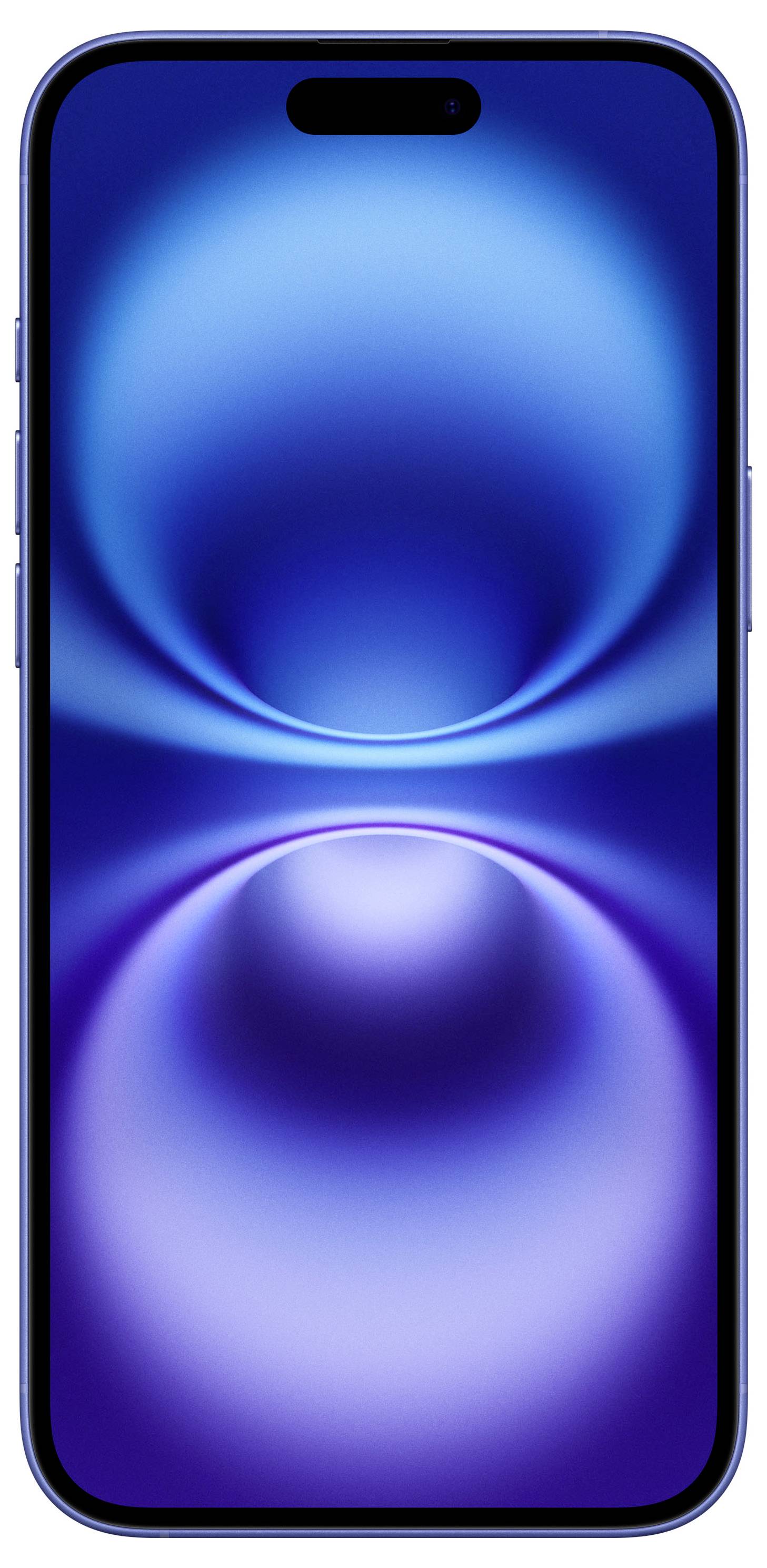 Un moderno smartphone con uno sfondo dello schermo blu, su cui sono visibili due cerchi concentrici luminosi.